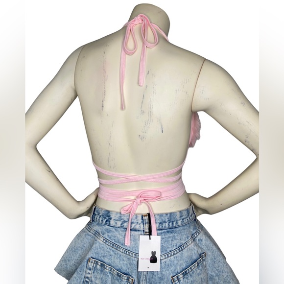 C.BRIDGETT Pink Faux Fur Triangle Criss Cross Festival Halter Crop Bikini Top, M - Picture 5 of 9